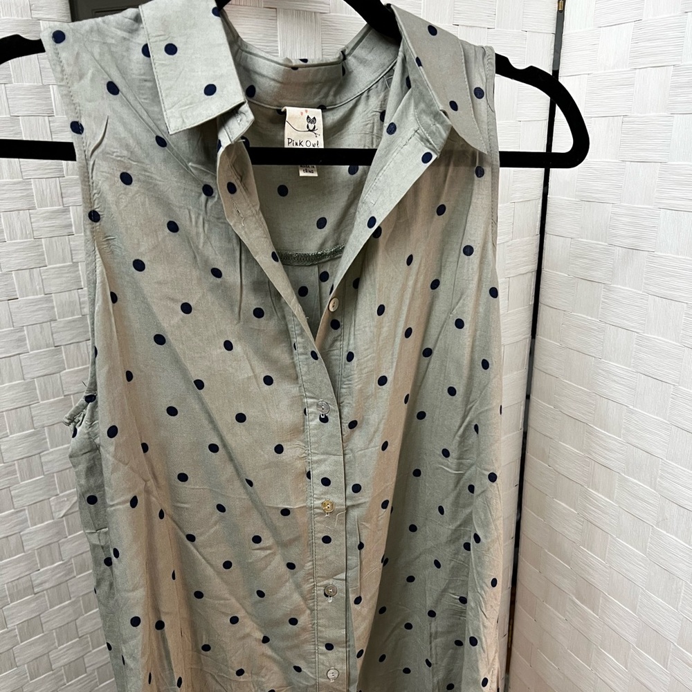 Grey and navy blue polka dot button up long blouse M
